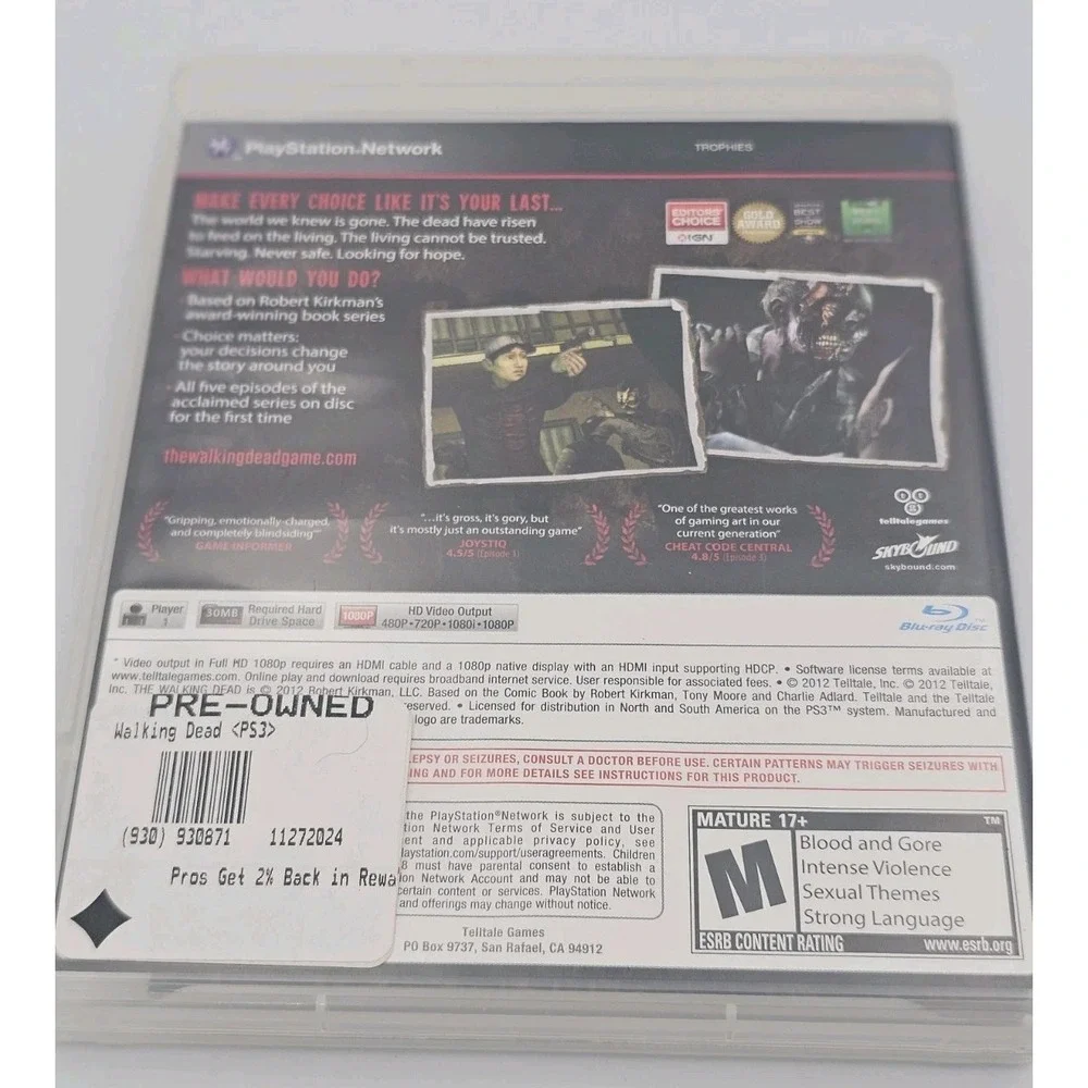PS3 The Walking Dead Video Game - 2012 Telltale Games Complete *Tested*